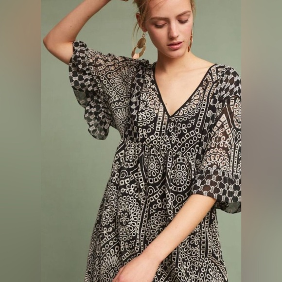 Akemi + Kin Brooke Black & Cream Embroidered Babydoll Mini Tunic Dress  (Small) - Picture 1 of 7